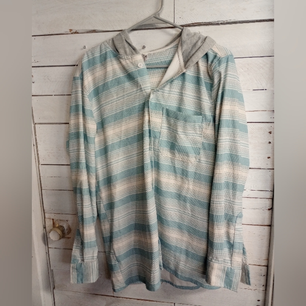 Mens Medium Button Front Shirt Baja Hooded Long Sleeve Streetwear Coastal.